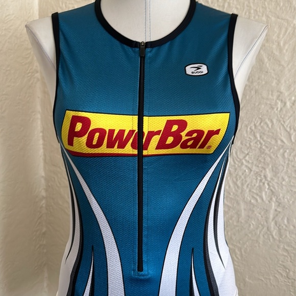 Sugio Powerbar Logo Teal Blue White Cycling Bike Jersey Sleeveless Tank Top S - Picture 2 of 6